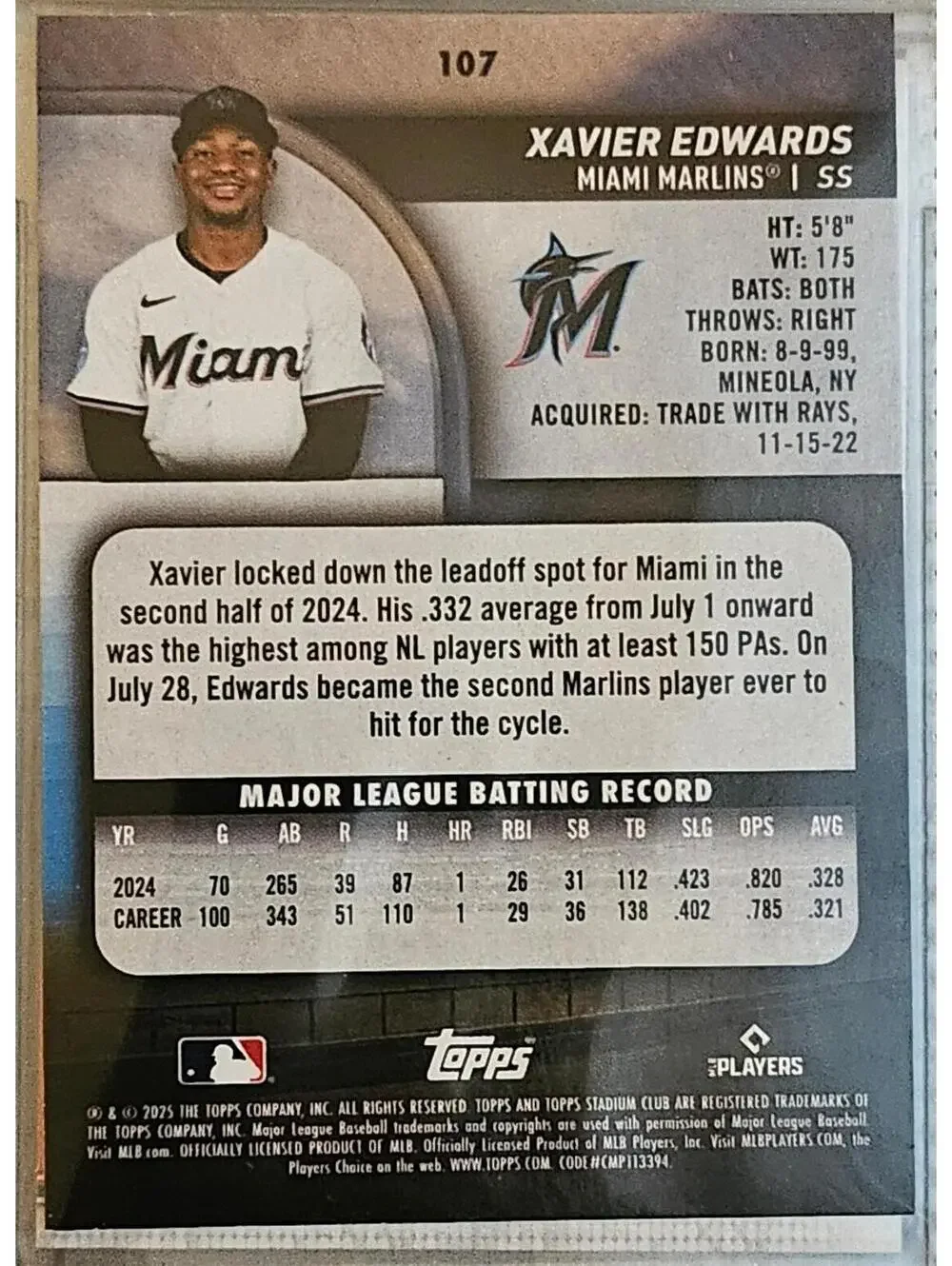 2025 Topps Stadium Club - Xavier Edwards - #107 Miami Marlins - Picture 2 of 2